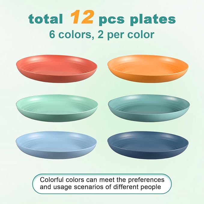 12 Pcs Unbreakable Deep Dinner Plates Set, 9 inch Reusable Plastic Wheat Straw Plates, Microwave and Dishwasher Safe Plate for Kitchen, Lightweight Plate for Dessert, BPA Free, 6 Colors