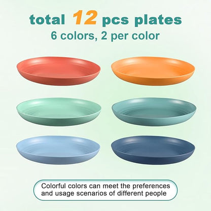 12 Pcs Unbreakable Deep Dinner Plates Set, 9 inch Reusable Plastic Wheat Straw Plates, Microwave and Dishwasher Safe Plate for Kitchen, Lightweight Plate for Dessert, BPA Free, 6 Colors