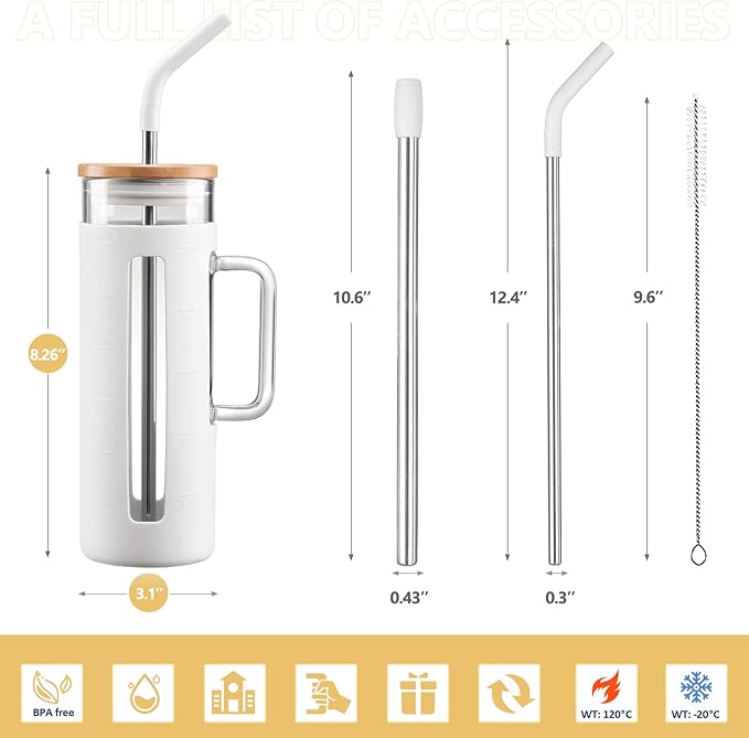 Kodrine Tumbler with Lid and Straw, 20 oz Glass Coffee Tumbler with Handle, Smoothie Cup with Bamboo Lid | Time Marker | Silicone Protective Sleeve, BPA Free - White