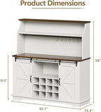 55 Inch Farmhouse Coffee Bar Cabinet with 3-Tier Storage, Kitchen Hutch with 12 Wine Racks & 3 Glass Holders, Coffee Bar with 6 Hooks, Wine Bar Cabinet for Dining Living Room, White