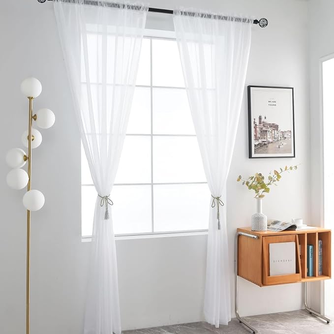 SpaceDresser Sheer White Curtains 4 Panels Rod Pocket Semi-Sheer Curtain 96 - Image 3