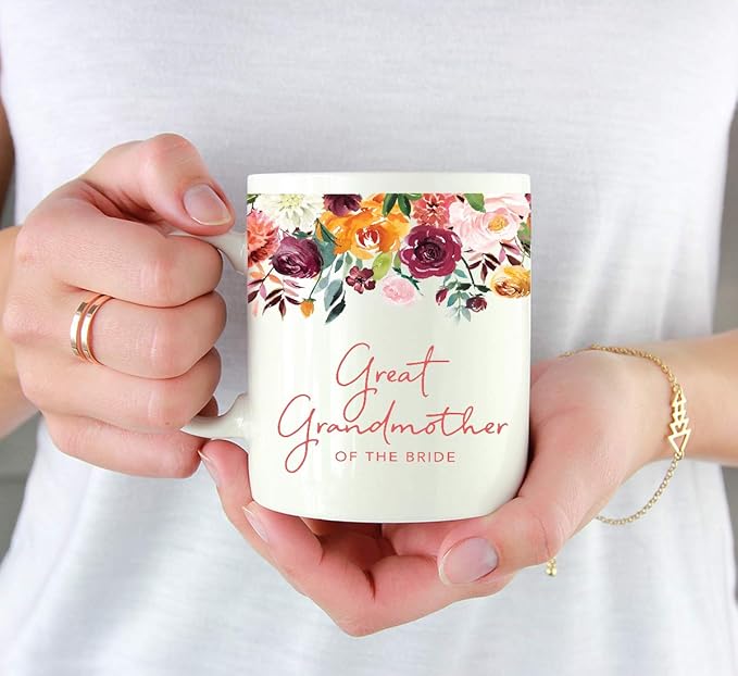 Andaz Press 11oz. Wedding Ceramic Coffee Tea Mug Gift, Fall Autumn Burgundy Orange Peach Flowers Roses Florals, Great Grandmother of the Bride, 1-Pack, Includes Gift Box