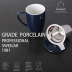 Sweejar Porcelain Tea Infuser Cup with Lid, 16 oz Tea Cup with Strainers for Loose Leaf Tea, Microwave and Dishwasher Safe Coffee Mug, Tea Steeping Mug for Tea Drinkers,Christmas Gift (Navy)