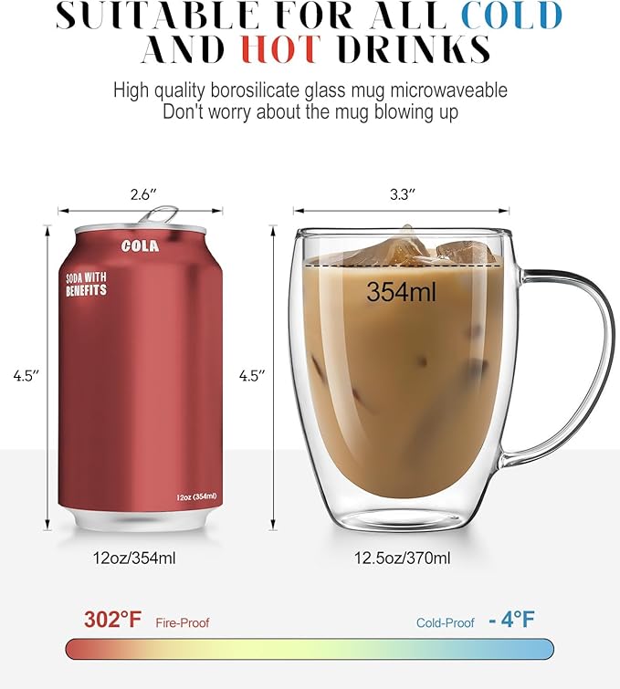 OJA Double Wall Glass Coffee Mugs 12.5oz, Hand Blown Clear Glass Coffee Cups Set of 2, Insulated Tea Mug, Perfect for Espresso, Cappuccino, Latte, American,Tea Bag, Beverage