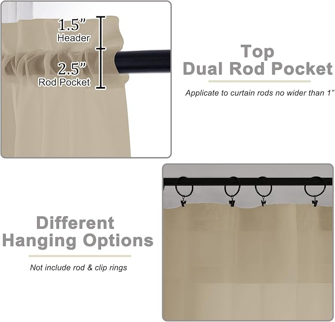 Taupe Kitchen Curtains 30 Inch Length Tier 2 PCS, Solid Soft Airy Half Curtains - Image 4