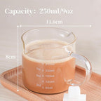 BCnmviku 1 Pack 250ML/8.5OZ Measuring Cup Espresso Shot Glasses Double Spouts Large Coffee Cup with Handle Triple Pitcher Milk Cup Parts Clear Glass