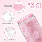 Butterfly 16 Oz Can Glass Tumbler with Acrylic Lid and Straw - Iced Coffee Cups for Women, Aesthetic Glass Cup Gift for Birthday Christmas