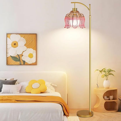 QIYIZM Pink Floor Lamp for Living Room, Glass Gold Dimmable Standing Lamp - Image 8
