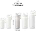 IDEUS Insulated Stainless Steel Water Bottle with 2 Leak-Proof Lids, Thermal Water Flask for Hiking Biking, 24oz, White