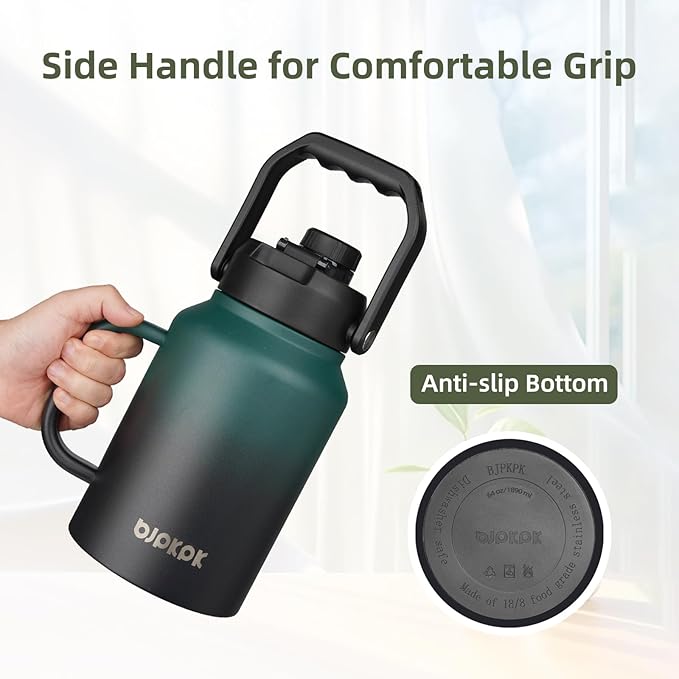 BJPKPK 64oz Insulated Water Bottle with Handle, Large Dishwasher Safe Half Gallon Water Bottle, BPA Free Water Jug, Wide Mouth Metal Water Bottle with Anti-slip Bottom, Army Green & Black
