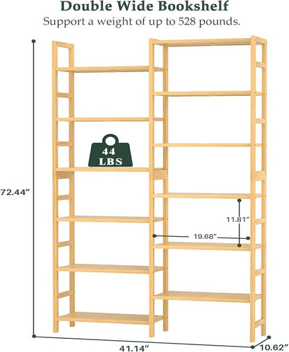 Homykic Double Wide Bamboo Bookshelf, 6-Tier Large Open Bookcase - Image 3