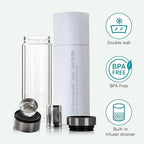 COMI Tea Bottle with Infuser,Double-Wall Glass Travel Mug with One Click Open Lid, Leak Proof Tea Infuser Bottle for Loose Leaf, Fruit & Flower Infused Drinks, Heat & Cold Resistant, Tea Gift Set