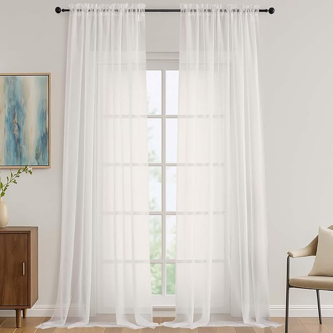 Ivory Sheer Curtains 120 Inches Long 2 Panels Set, 59 Inch Extra Wide Soft Airy by OVZME