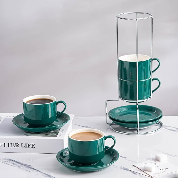 8 Ounce Porcelain Cappuccino Cups with Saucers and Silver Stand, Green Cups Set of 4