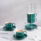 8 Ounce Porcelain Cappuccino Cups with Saucers and Silver Stand, Green Cups Set of 4