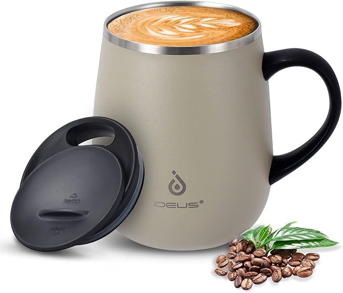 Ideus 16 oz (470 ml) Insulated Coffee Mug with Handle and Lid, Double Wall Stainless Steel Vacuum Thermal Coffee Mug, Travel Coffee Cup Thermal Cup for Home and Office (Mars Celadon)
