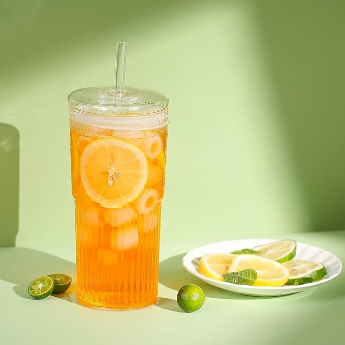 Glass Cups With Lids and Glass Straws，20 OZ 4pcs High Borosilicate Glass Tumbler Iced Coffee Water Smoothie