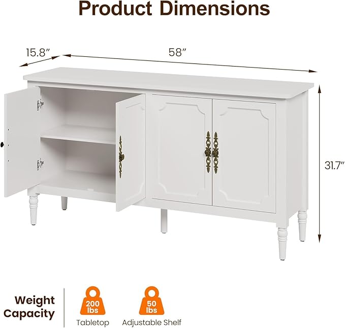 FansaFurn Sideboard with 4 Doors, Mid-Century Console Table with Adjustable - Image 2