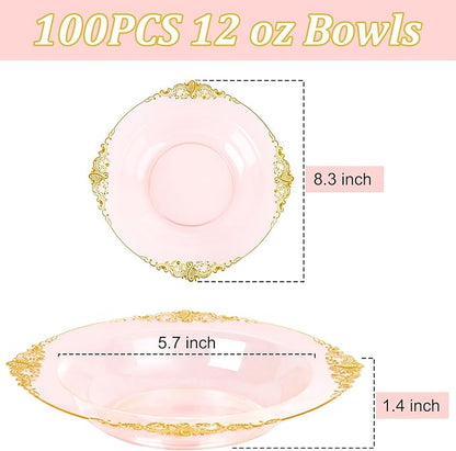 100PCS Clear Pink Plastic Bowls - 12 oz Pink Gold Disposable Salad Bowls - Heavy Duty Disposable Soup Bowl - Fancy Plastic Ice Cream Bowl for Weddings Parties Dinners Picnics
