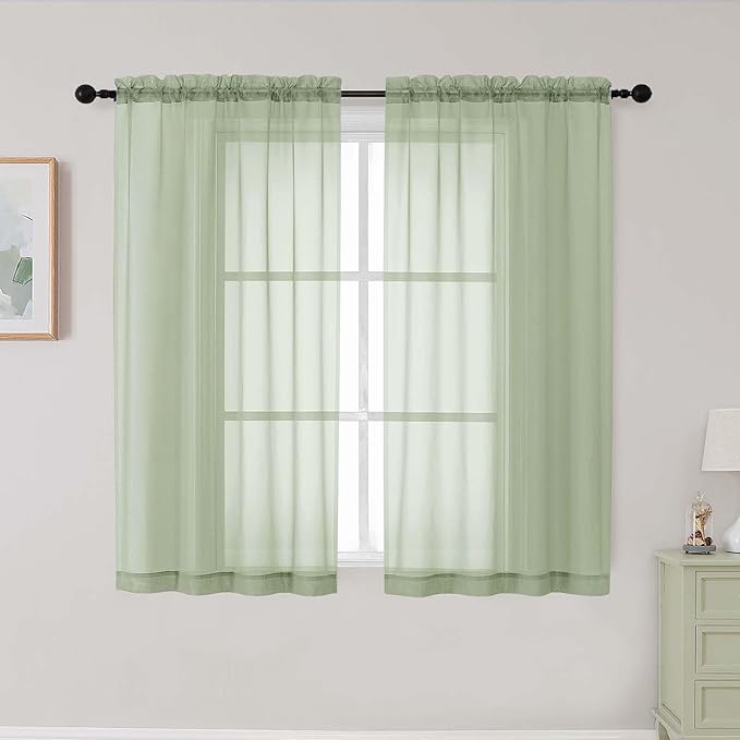 Light Green Sheer Curtains for Bedroom Living Room 45 Inch Length 2 Panels by WelvetBLK