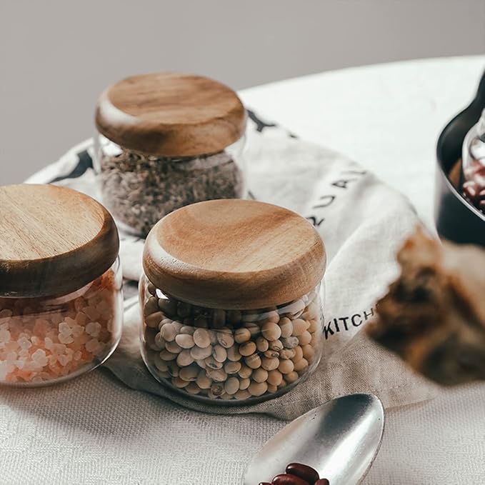 Glass Food Storage Containers With Wooden Lids - Small Coffee Jars - Pantry Organization For Overnight Oats, Cereal, Rice, Candy (14oz(400ml))