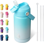 BJPKPK Insulated Water Bottle with Straw Lid, 12oz Thermos Water Bottles, Flex Handle & Non-slip Boot, BPA Free Leak Proof Stainless Steel Metal Thermos, Tumblers, Cups, Sea Salt