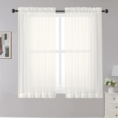 Sheer Curtains Ivory, Short Panels Rod Pocket 2 Panels, Cafe Curtains Small by OWENIE