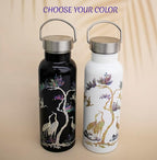 Mother of Pearl Design Stainless Steel Water Bottle 17 oz Leakproof Screw Cap Metal Handle Lid Wide Mouth Double Wall Vacuum Insulated Travel Sport Water Flask Thermo Mug (Crane Pine White)