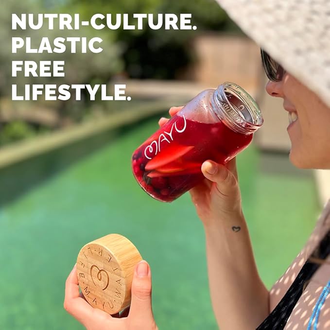 mayu Travel Water Bottle with Bamboo Lid - Borosilicate Glass Eco Friendly BPA Free | Adult and Kids Bottles with Cap - Leak Free Design - Non Toxic Reusable Hydration for Everyday Use | 0.5L, 17OZ