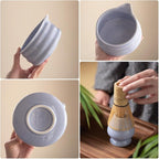 Matcha Whisk Set 8 Pcs - Ceramic Bowl, Bamboo Whisk with Holder, Canister, Sifter, Schima Spoon, Spoon Rest and Tea Towel, Complete Kit for Traditional Matcha and Modern Lattes (Purple)