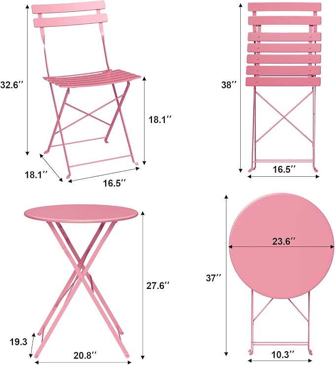 Bistro Table and Chairs Set of 2, 3 Piece Outdoor/Indoor Folding Patio Bistro - Image 4
