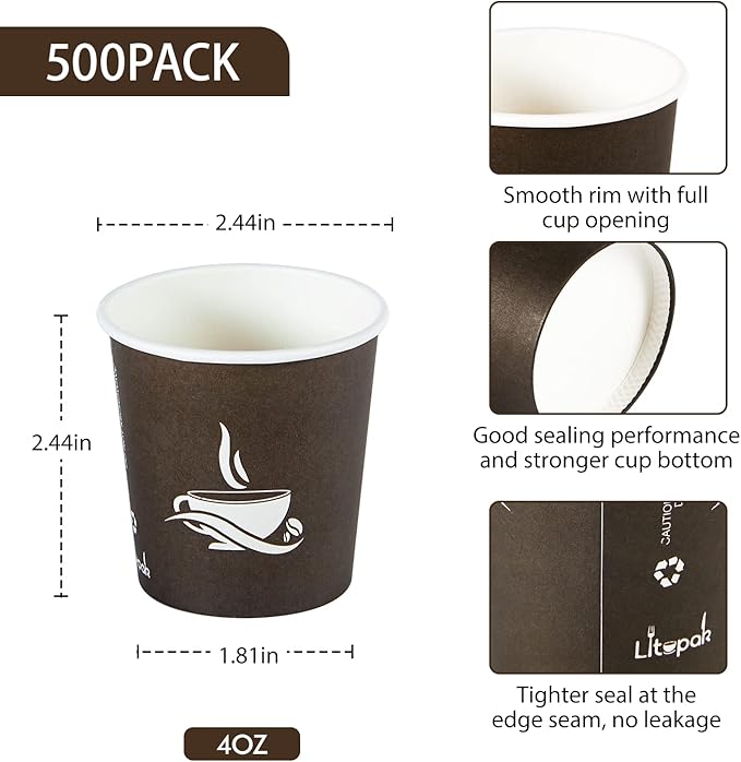 LITOPAK 500 Pack 4 oz Paper Cups, Brown Disposable Hot Coffee Cups for Party, Picnic, Travel, and Events