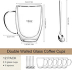 Double Wall Glass Coffee Mugs 12 OZ, Clear Coffee Cup With Handle,Insulated Coffee Mugs Set of 6 With Spoons Perfect for Espresso, Cappuccino, Latte, American,Tea Bag, Beverage