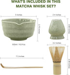 Matcha Whisk Set, Japanese Tea Set includes Matcha Bowl with Spout, Matcha Whisk and Holder, Bamboo Matcha Scoop - 4 Pcs Ceremonial Grade Matcha kit for Matcha Tea Lovers (Jade Green)