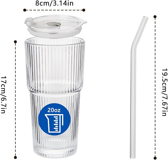 20oz Ribbed Glass Cups with Lids and Straws 2 Set, Vintage Glassware for Whiskey Cocktail Beer, Glass Tumbler, Iced Coffee Cups For Cold Drinks, Smoothie, Juice,Drinking (2)
