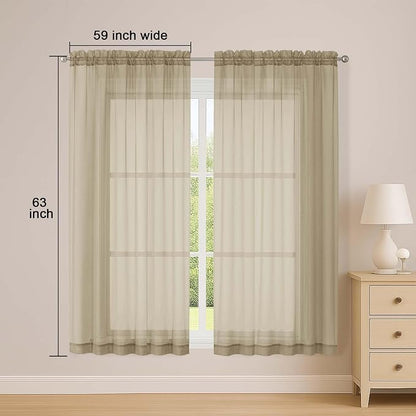 Sheer Taupe Curtains, Sheer Curtains 63 inch Length 2 Panels Set, Rod Pocket - Image 2