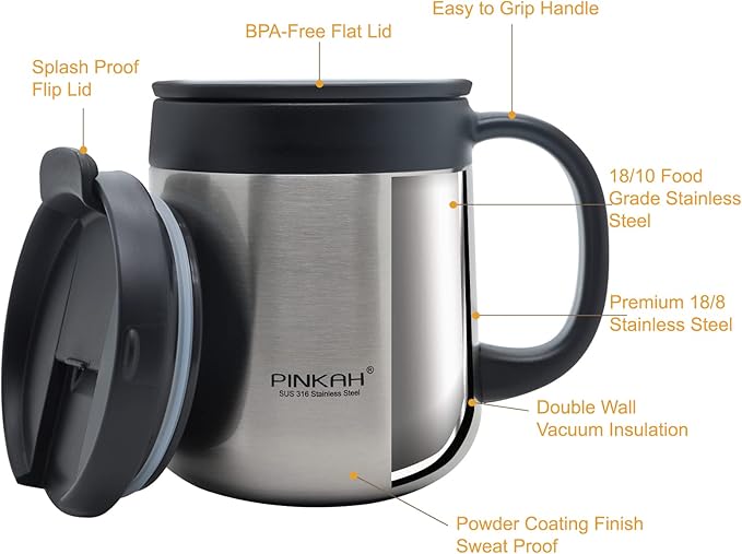 16OZ Stainless Steel Insulated Coffee Mug with Handle and Lid, Double Wall Vacuum Coffee Tumbler Thermal Cup with 2 Lids