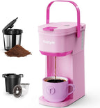 Single Serve One Cup Coffee Maker, for K Cups and Grounds, Mini Coffee Maker with Portable Handle, 6 to 12 Oz Brew Size, for Travel, Camping, Office, RV and Dorm, 120V, Dusty Rosa