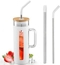 Kodrine Tumbler with Lid and Straw, 20 oz Glass Coffee Tumbler with Handle, Smoothie Cup with Bamboo Lid | Time Marker | Silicone Protective Sleeve, BPA Free - White