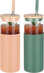 Glass Tumbler w/Lids & Straw - 24oz Reusable Glass Mug/Bamboo Lid & Stainless Steel Straw-BPA Free, Leak-Proof, Dishwash Safe for Coffee, Smoothies, Hot Beverages, Travel, Office, Home Use，2-PK