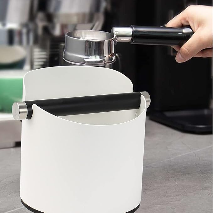 Coffee Knock Box, Espresso Knock Box Stainless Steel Espresso Machine Accessories with Removable Knock Bar and Non-Slip Base Coffee Grounds Container Bin, Large (White)