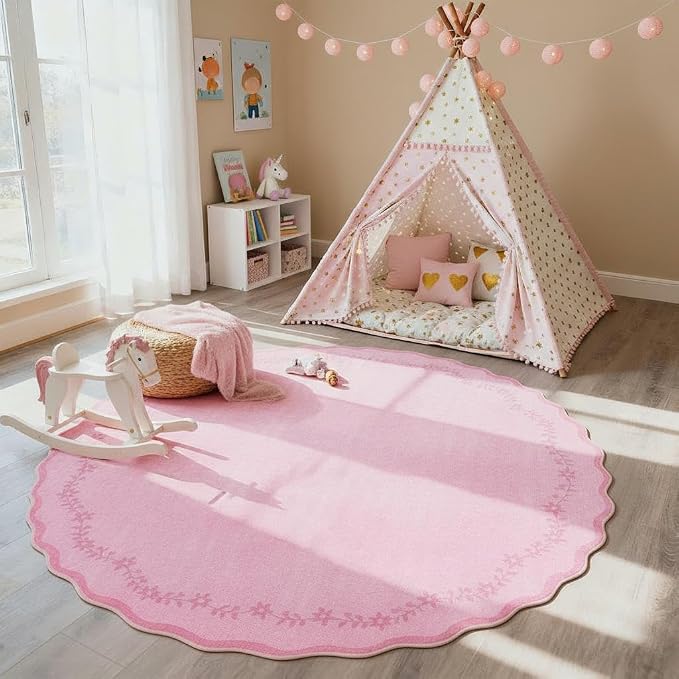 GarveeHome Large Round Rug 8ft Scalloped Washable Circle Living Room Rug | Soft - Image 3