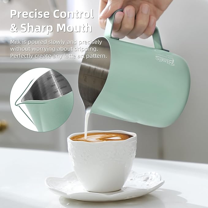 Milk Frothing Pitcher - 600ml/20oz Milk Frother Cup Espresso Steaming Pitcher for Barista, Bincoo SUS304 Stainless Steel Espresso Steaming Pitchers for Latte Art/Cappuccino/Coffee/Milk (Green-600ml)