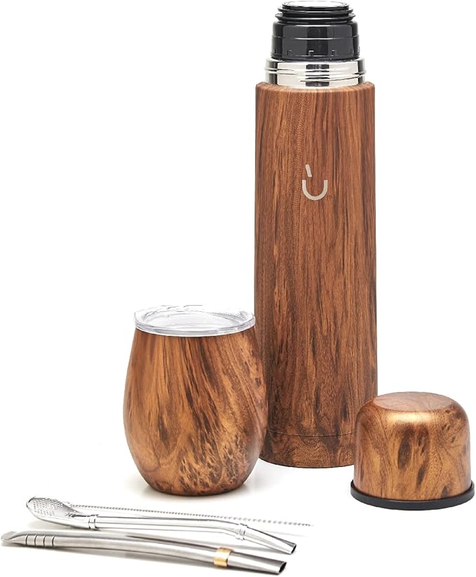 BALIBETOV Complete Yerba Mate Set - Modern Mate Gourd, Thermal Flask, Bombilla and Cleaning Brush Included - All Premium Quality 304 18/8 Stainless Steel (Wood)