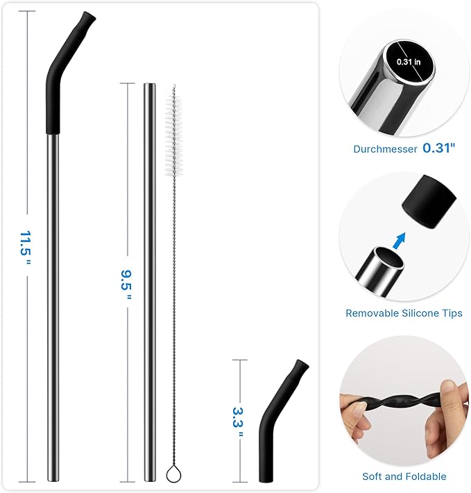 Repeatable Metal Straw with Silicone Tips for 30 oz Stanley Tumbler, 2 Pcs 30 oz Stainless Steel Straws Replacement for Stanley Tumbler, 1 Straw Brush, BPA Free（Black）