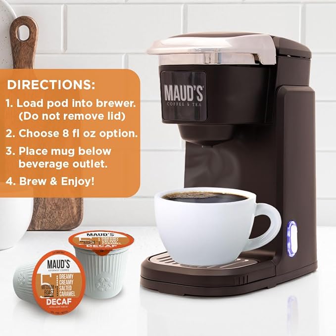 Maud's Decaf Salted Caramel Flavored Coffee Pods, 18 ct, Decaffeinated Medium Roast Flavored Coffee in Recyclable Single Serve Pods – 100% Arabica Beans, Compatible with Keurig K Cups Maker