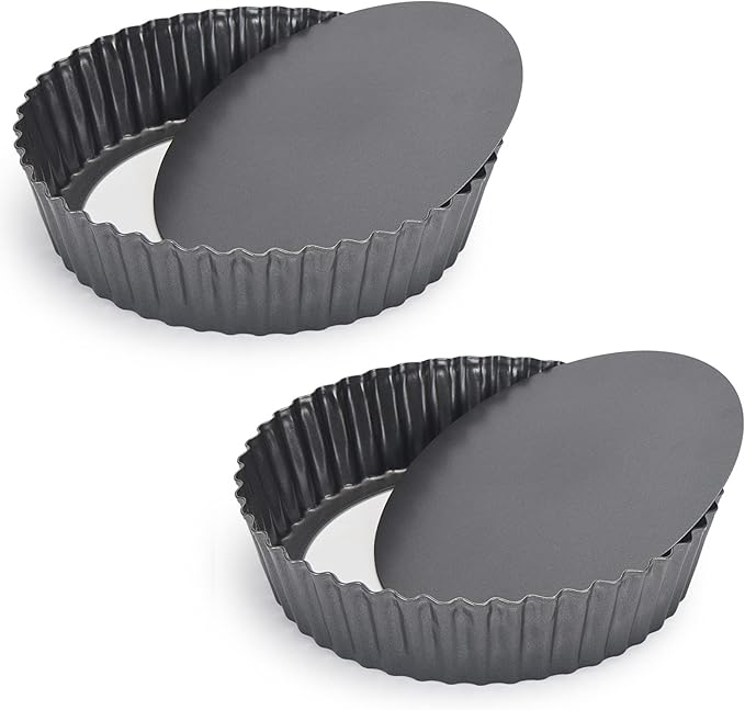 2 Pack Nonstick Tart Pan, Quiche Pan, Carbon Steel Deep-dish Pie Pan with Removable Loose Bottom (11 In)