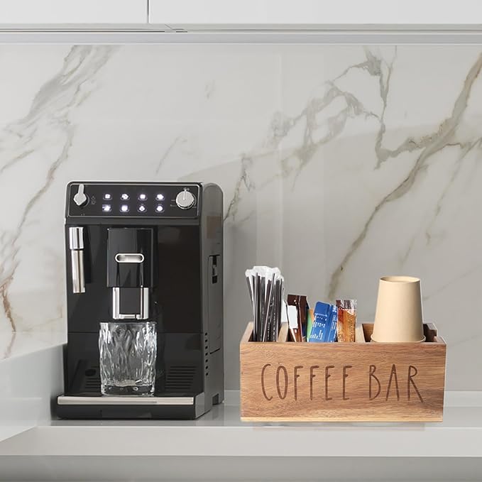 Acacia Wood Station Organizer,Coffee Station Organizer for Cup Lid Stirrers Pod, Disposable Coffee Cup Holder, Farmhouse Accessories Decor, Brown Labeled COFFEE BAR