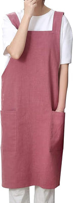 Soft Cotton Linen Apron for Women - Non-tie Cross Back Apron with Pockets, Great for Florist and Kitchen