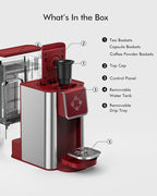 3-in-1 Capsule Coffee Machine - Single Serve Brewer for Coffee Pods, Ground Coffee, & Loose Tea, 6-10oz Brew Sizes, 50oz Removable Tank, 1150W (Red)